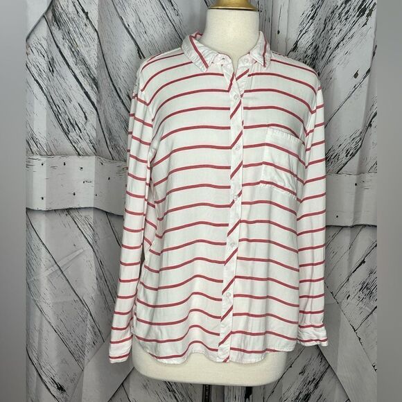 AJ Andrea Jovine Button Down Blouse Top Striped L - Picture 1 of 6